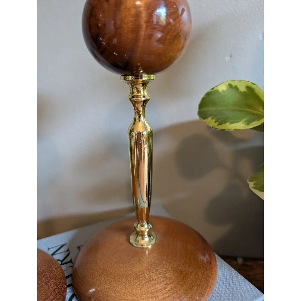 Vintage Myrtlewood Candlestick Pair Bandon Oregon Wood Gold Mid Century Modern
